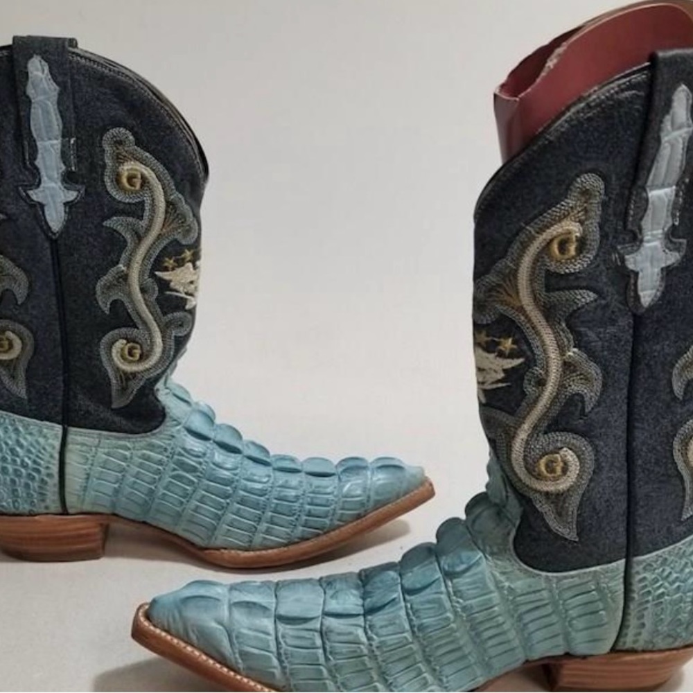 El General Cowboy Boots Blue Alligator Style Print Size 7 Preowned